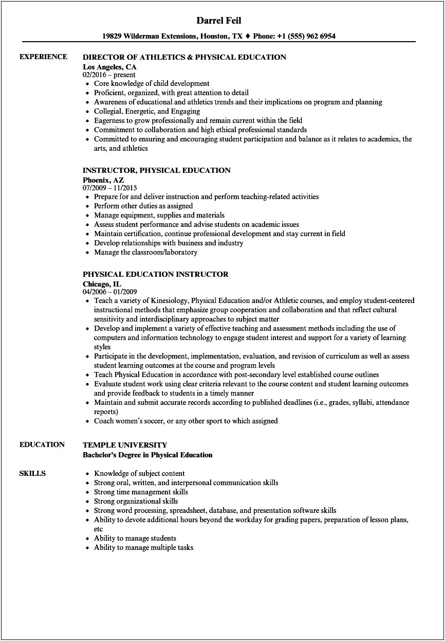 Physical Education Job Description For Resume