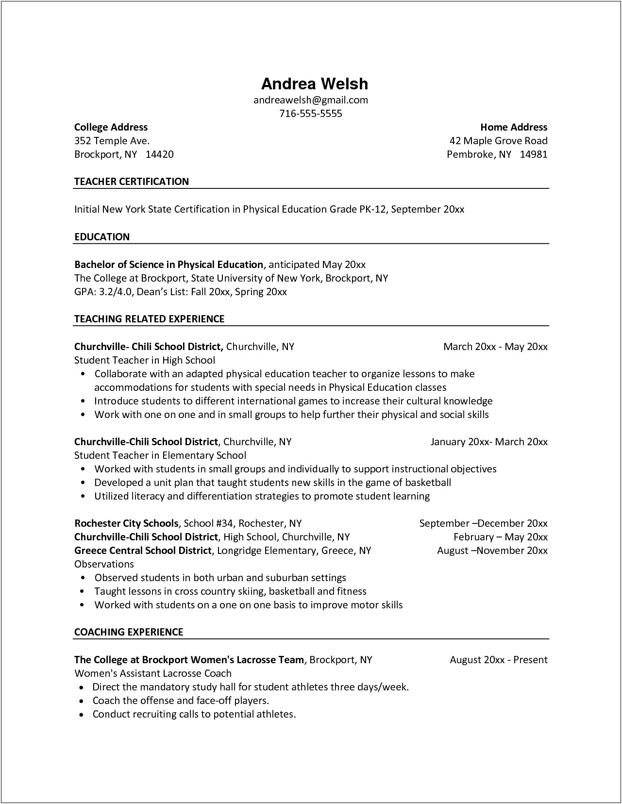 Physical Education Resume Objectives Examples