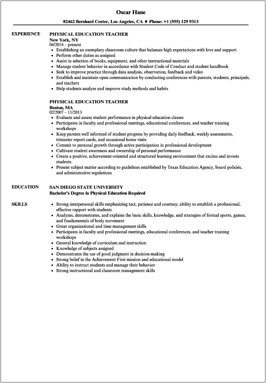 Physical Education Teacher Resume Objective Examples