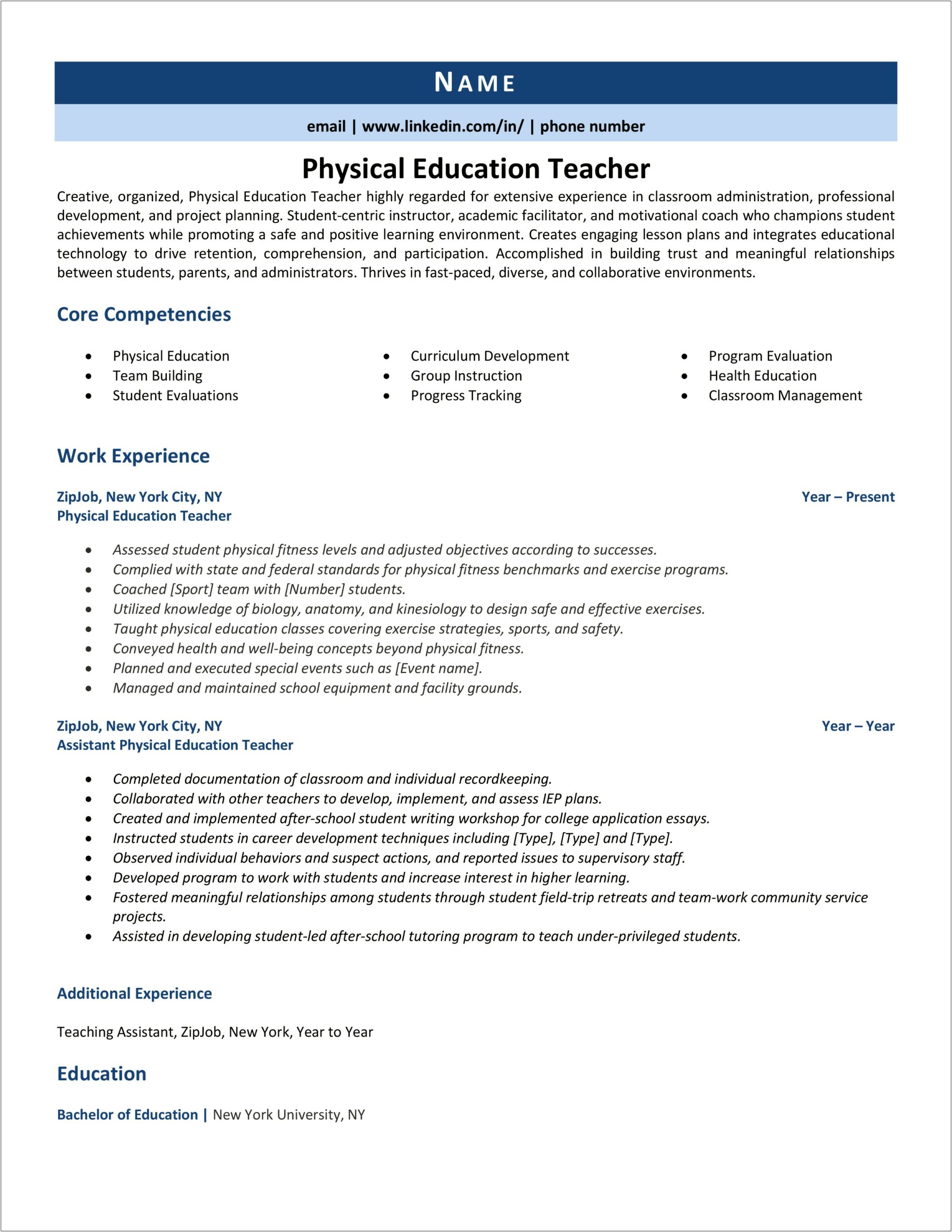 Physical Education Teacher Resumes Samples