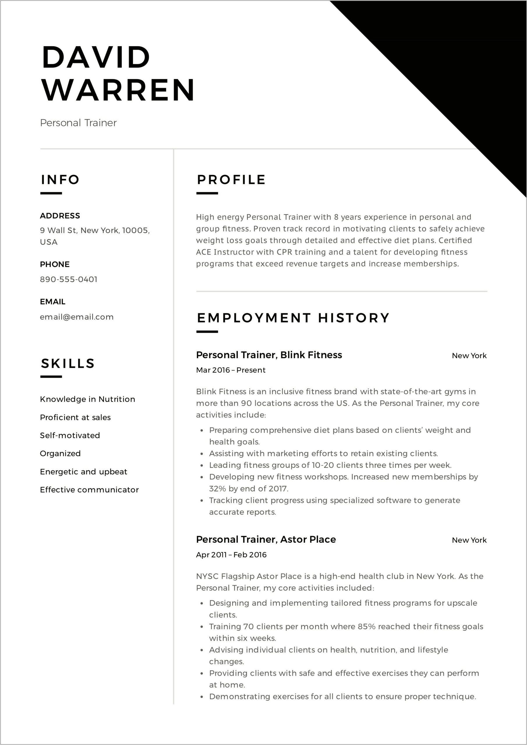 Physical Fitness Trainer Resume Sample