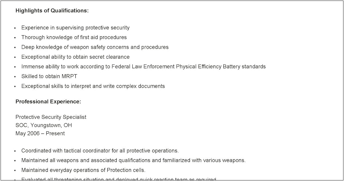 Physical Security Specialist Resume Sample