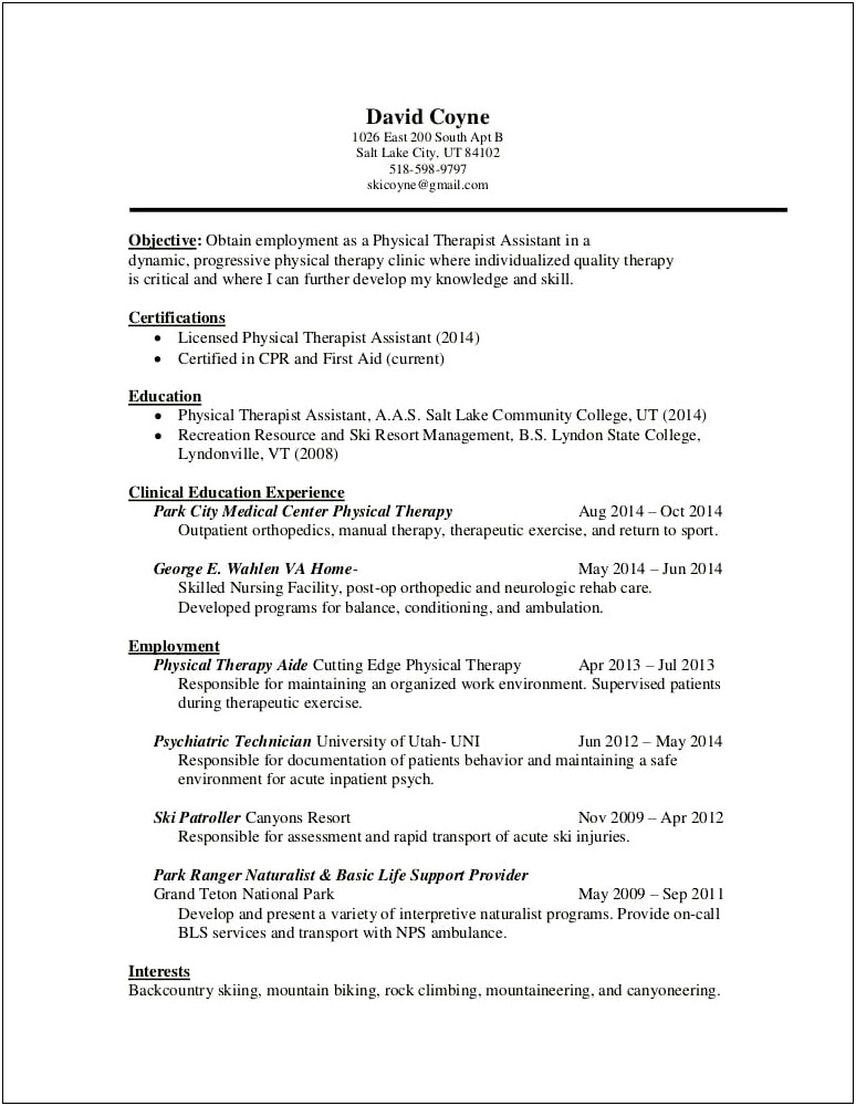 Physical Therapist Assistant Example Resume