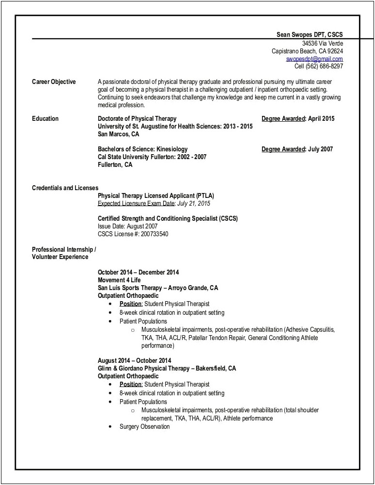 Physical Therapist Career Objective Resume