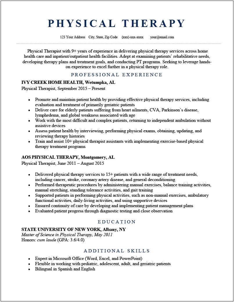 Physical Therapist Resume Objective Samples
