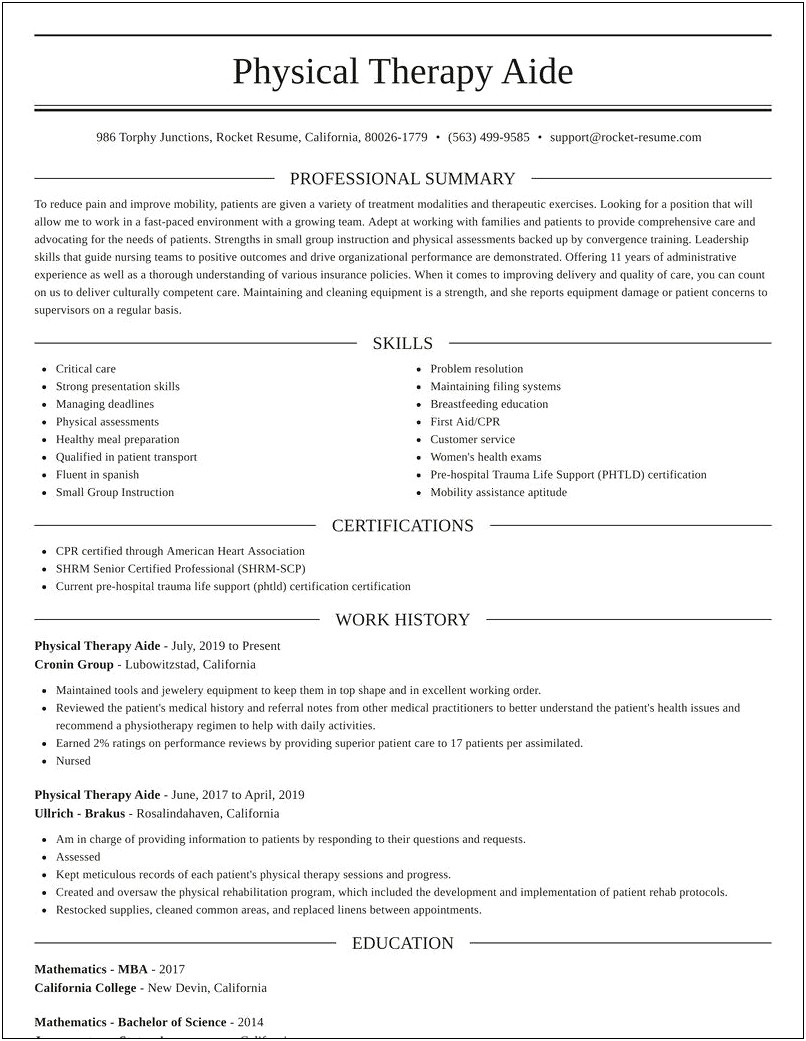 Physical Therapy Aide Job Description For Resume