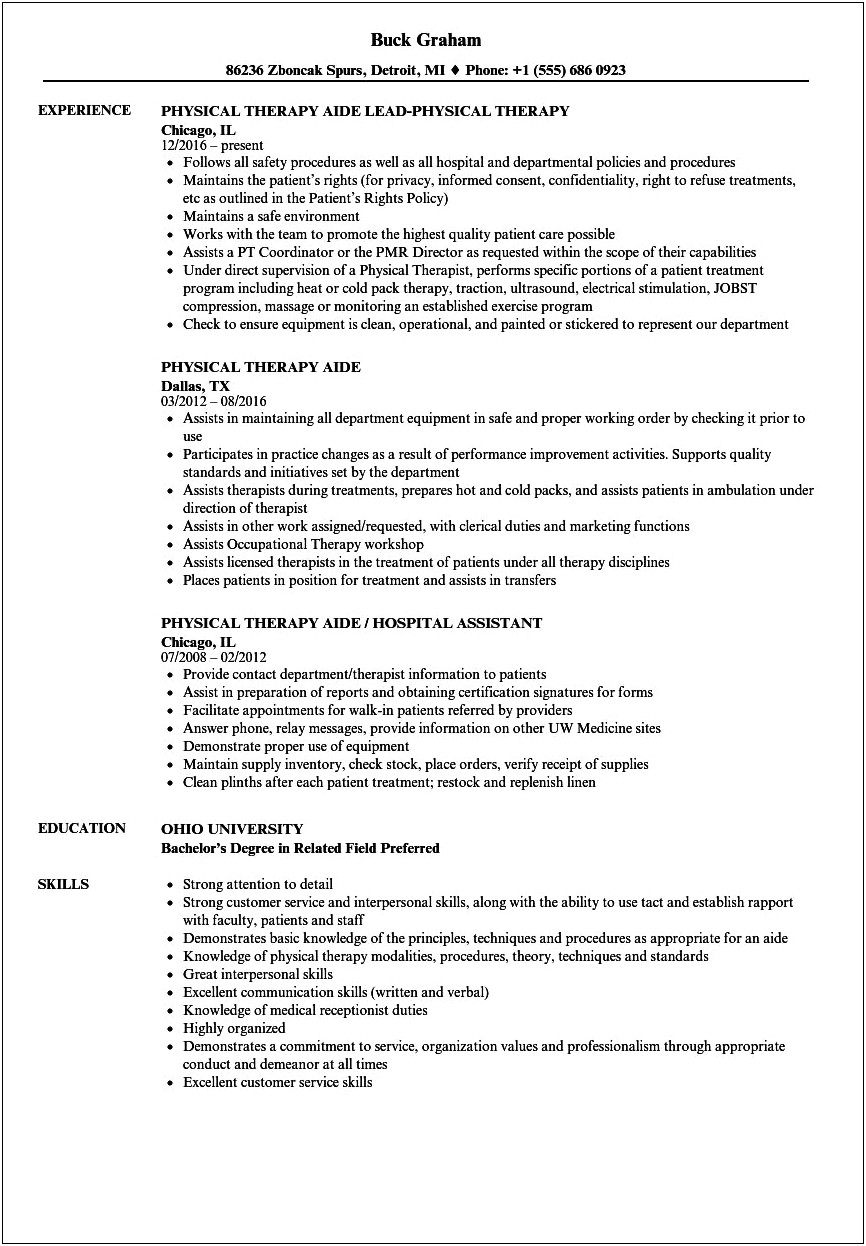 Physical Therapy Aide Resume Objective No Experience