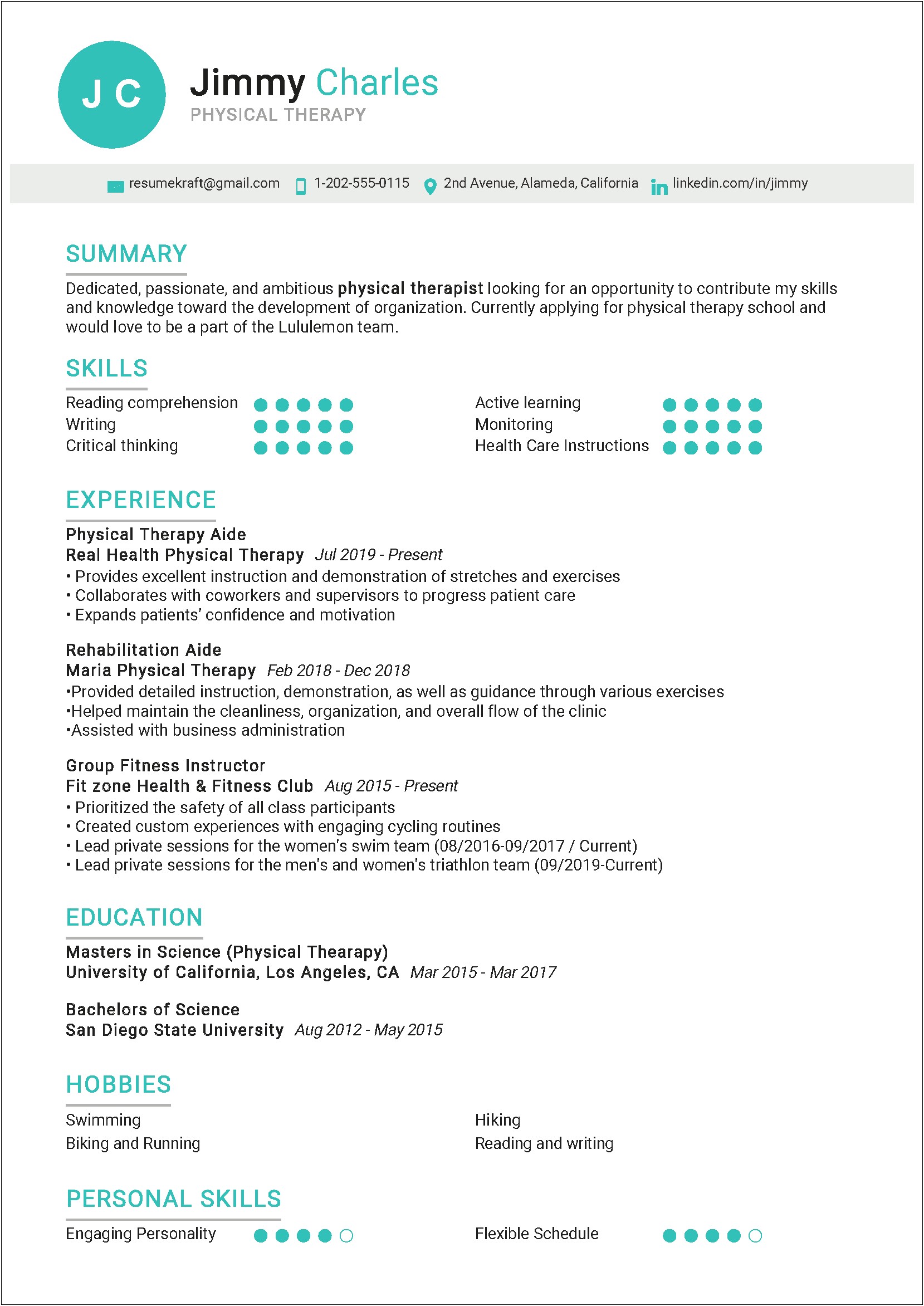 Physical Therapy Assistant Example Resume