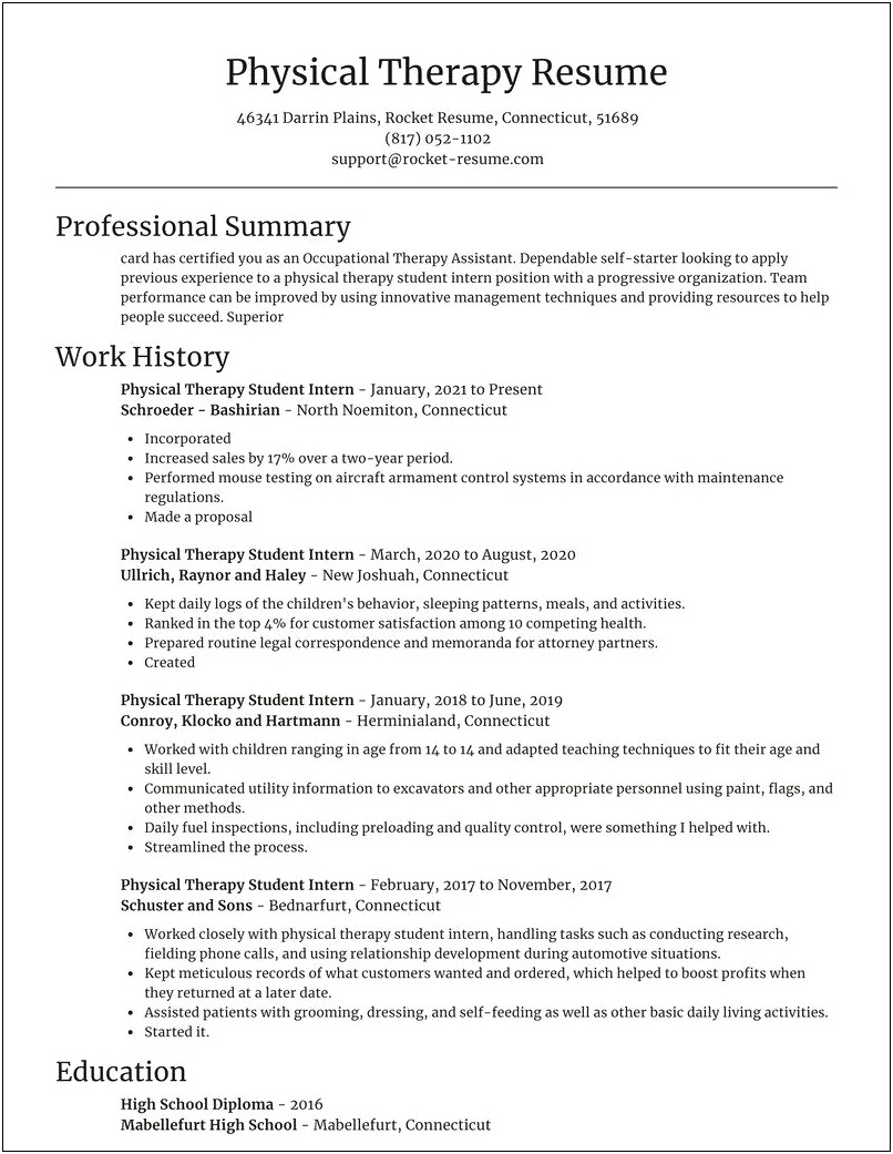 Physical Therapy Student Resume Example