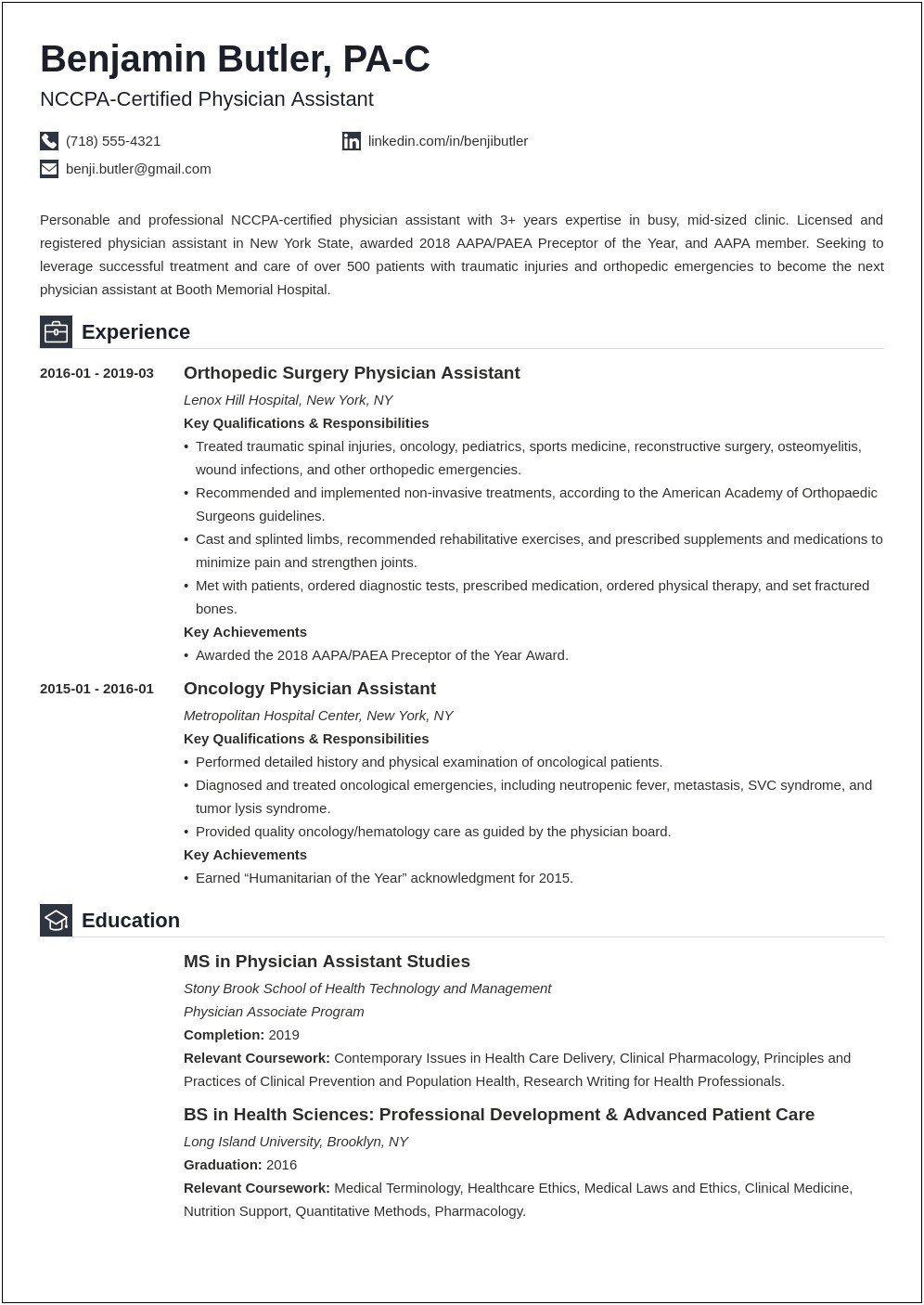 Physician Assistant Cv Pa Resume Sample