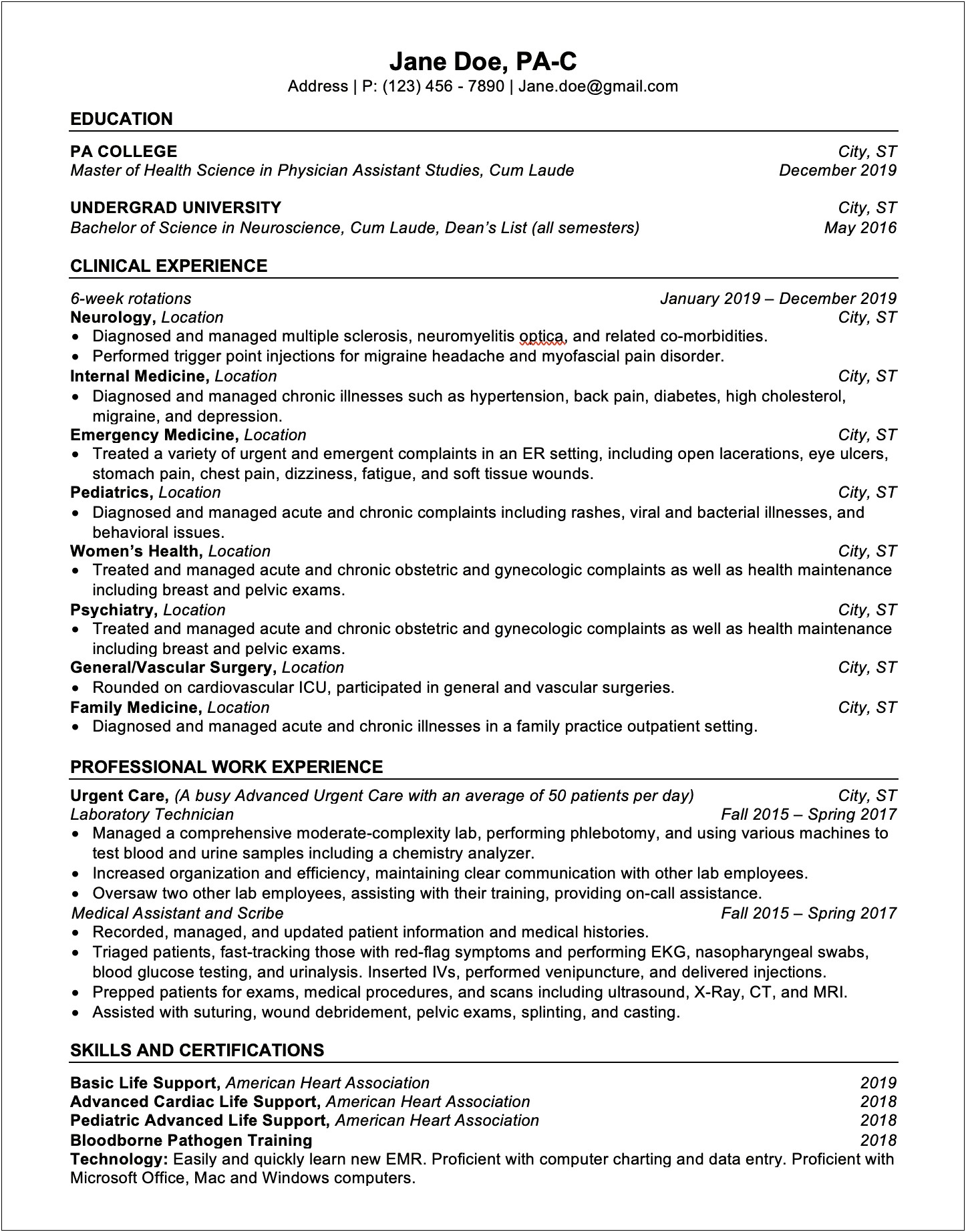 Physician Assistant Resume Example New Grad