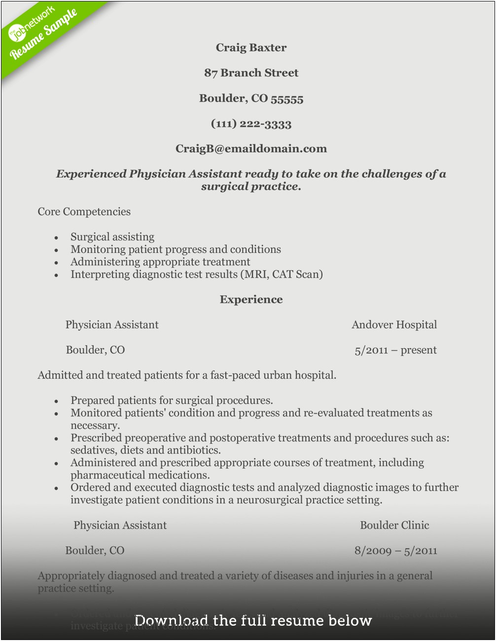 Physician Assistant Student Resume Sample