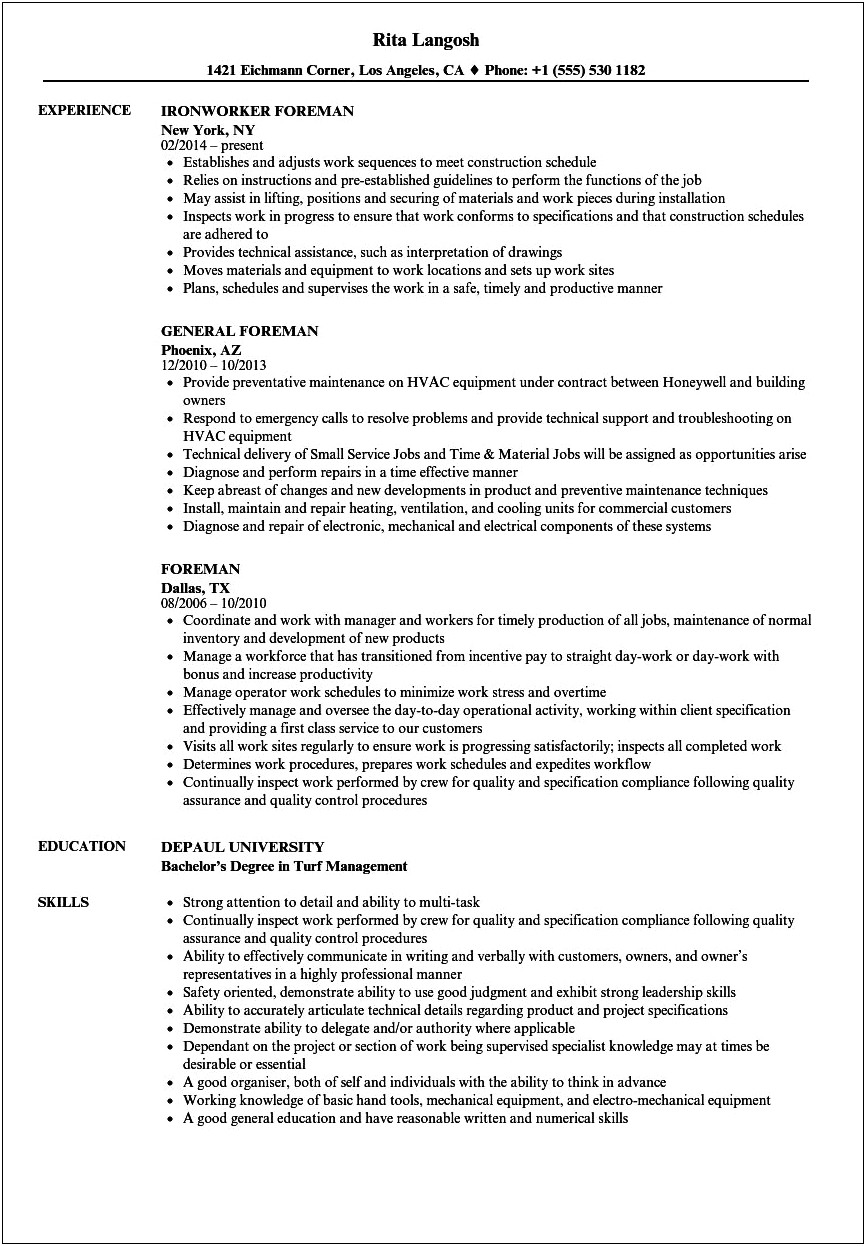 Pipe Fitting Forman Resume Examples