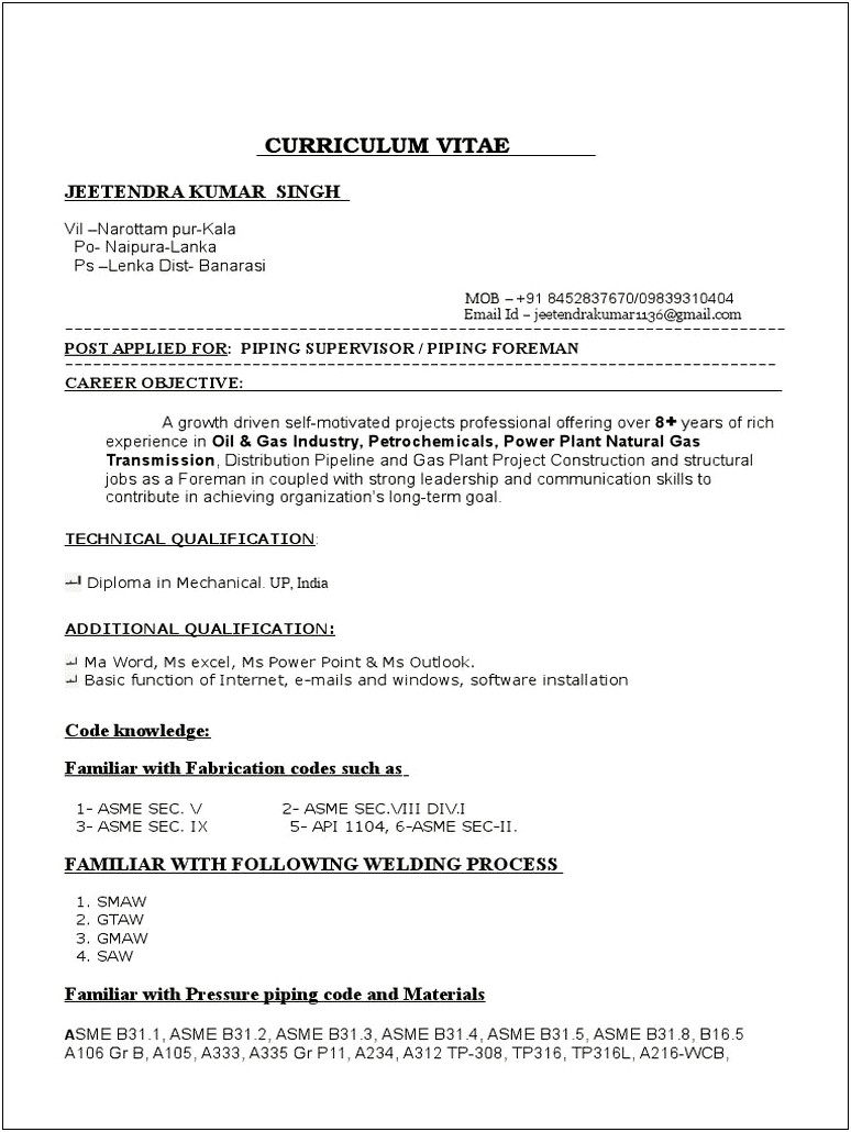 Piping Foreman Resume Word Format Download