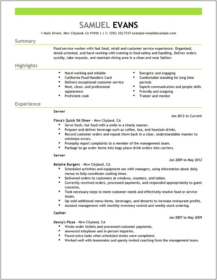 Pizza Cashier Resume Experiece Examples