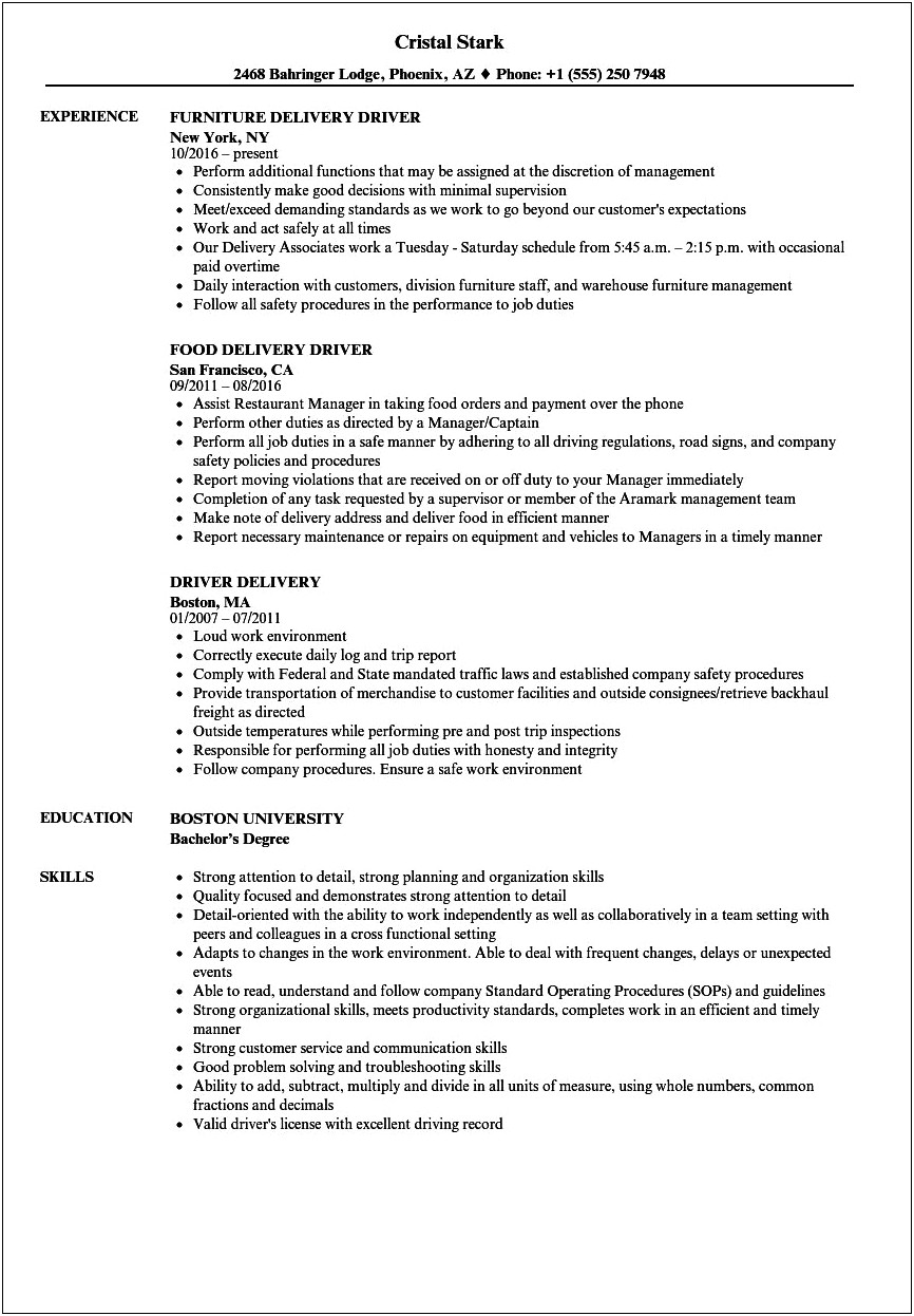 Pizza Delivery Driver Resume Examples