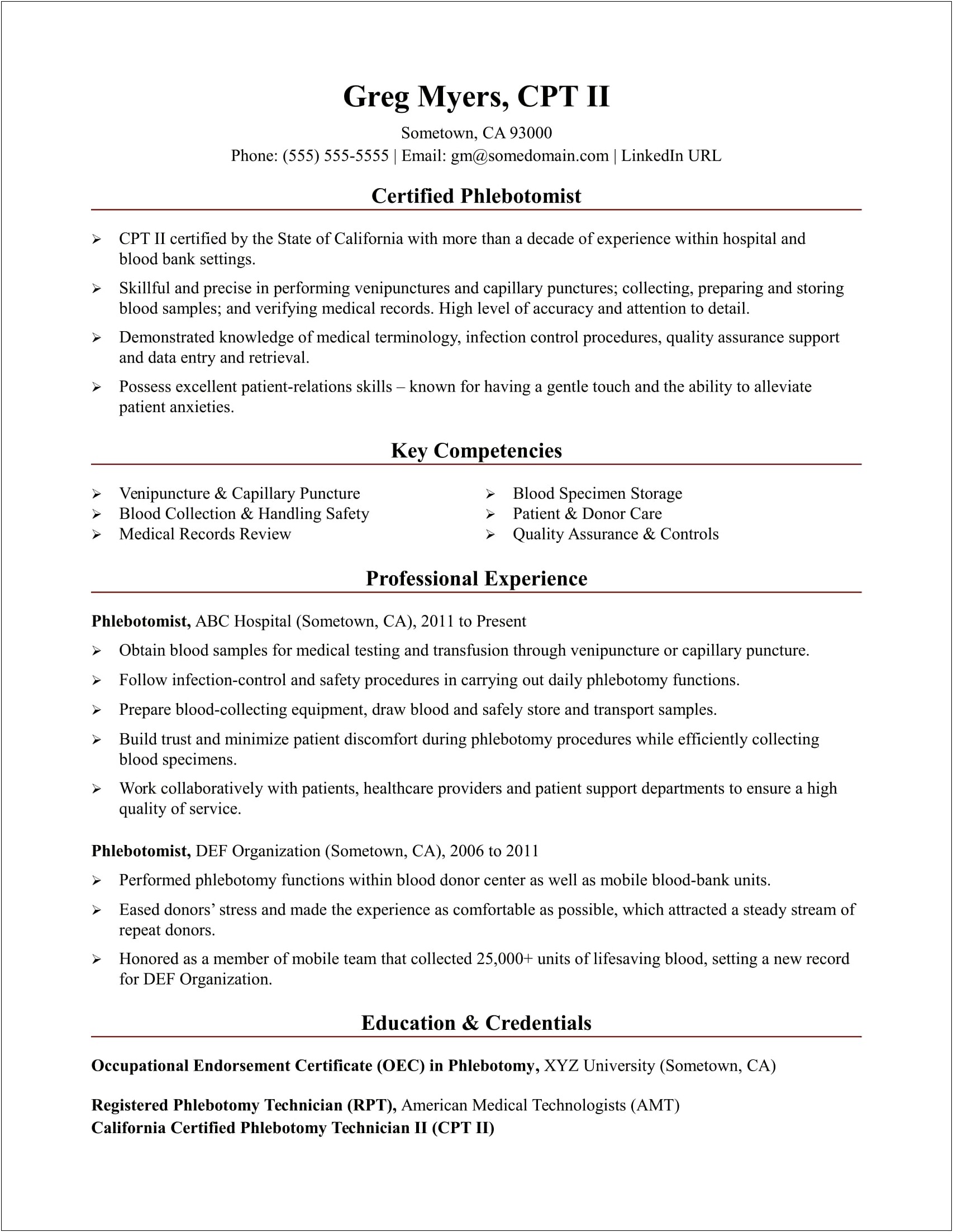 Plasma Phlebotomist Job Description Resume