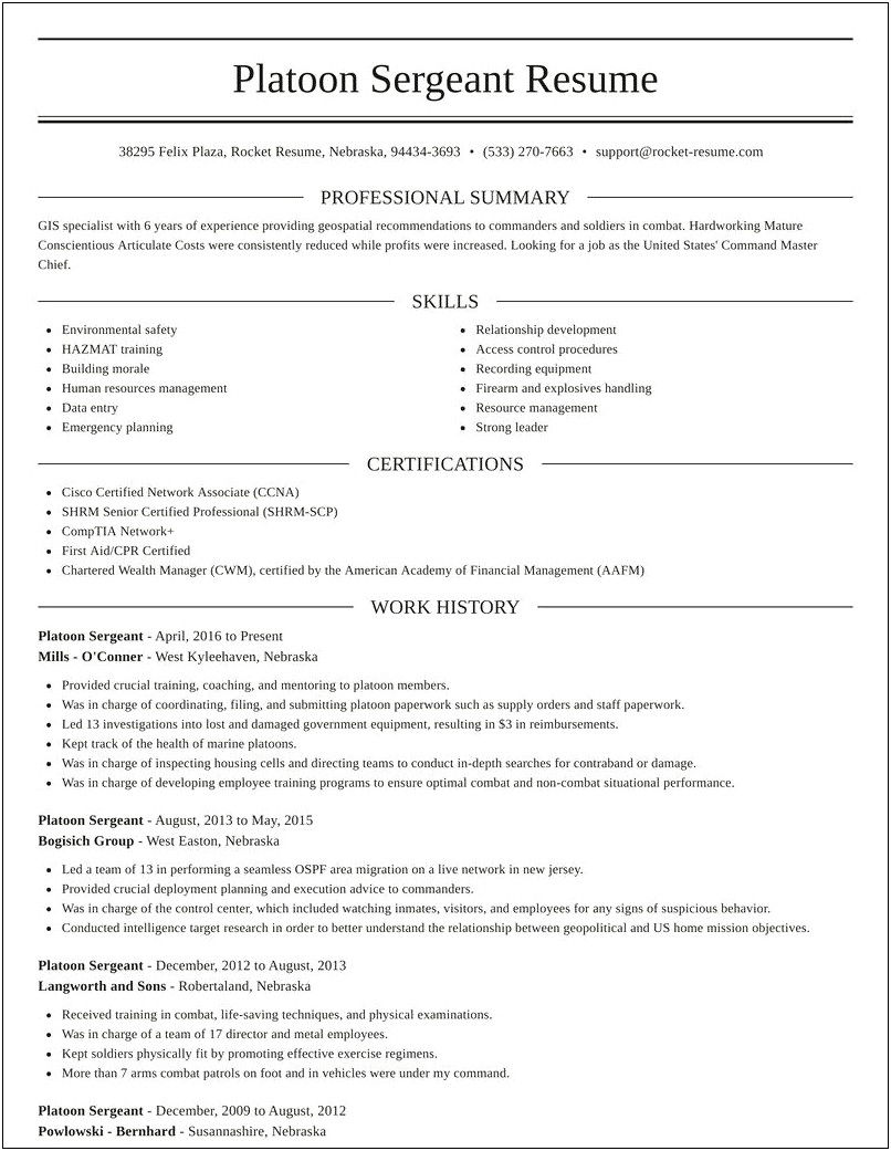 Platoon Sergeant Job Description Resume