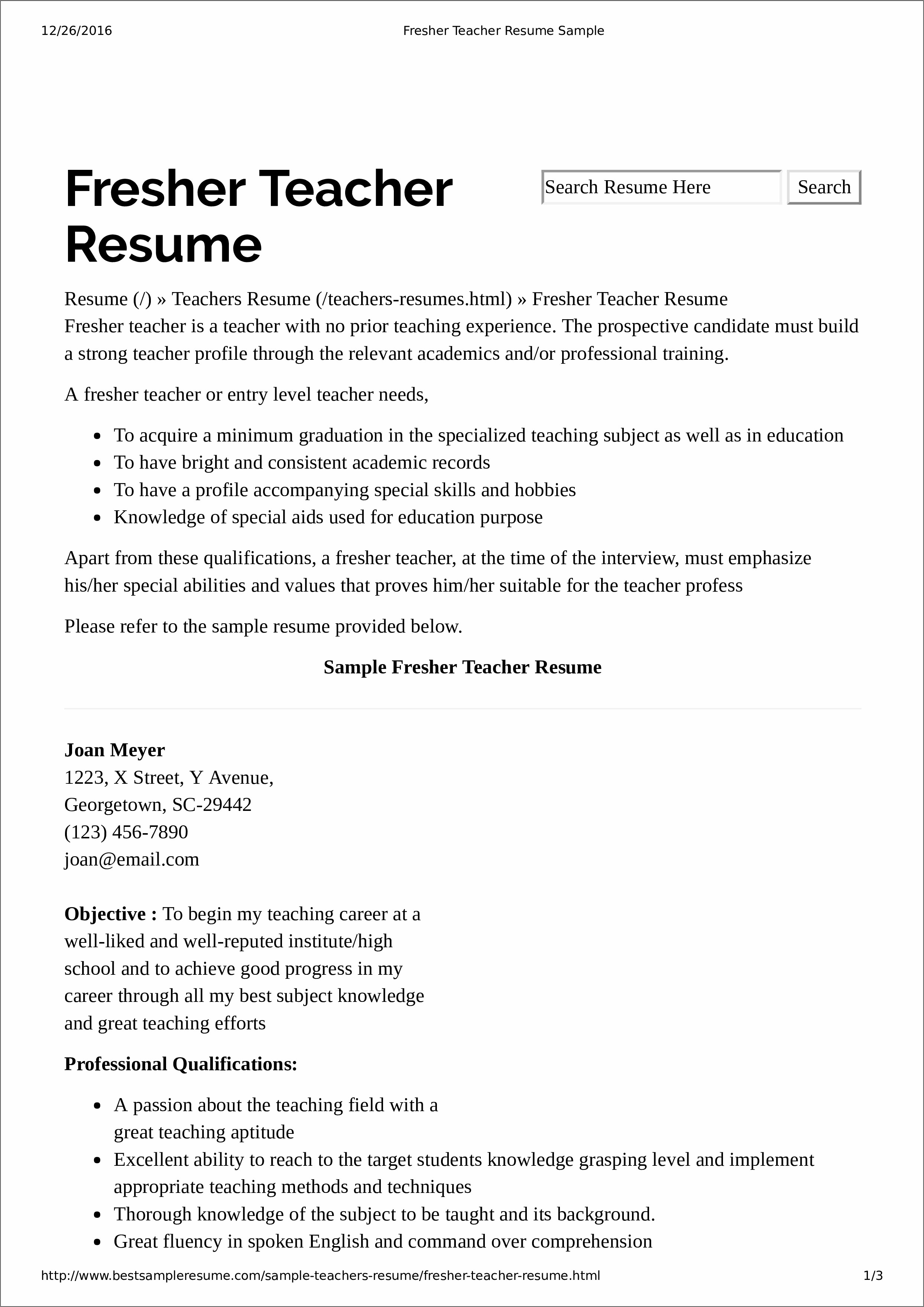 Play School Teacher Sample Resume