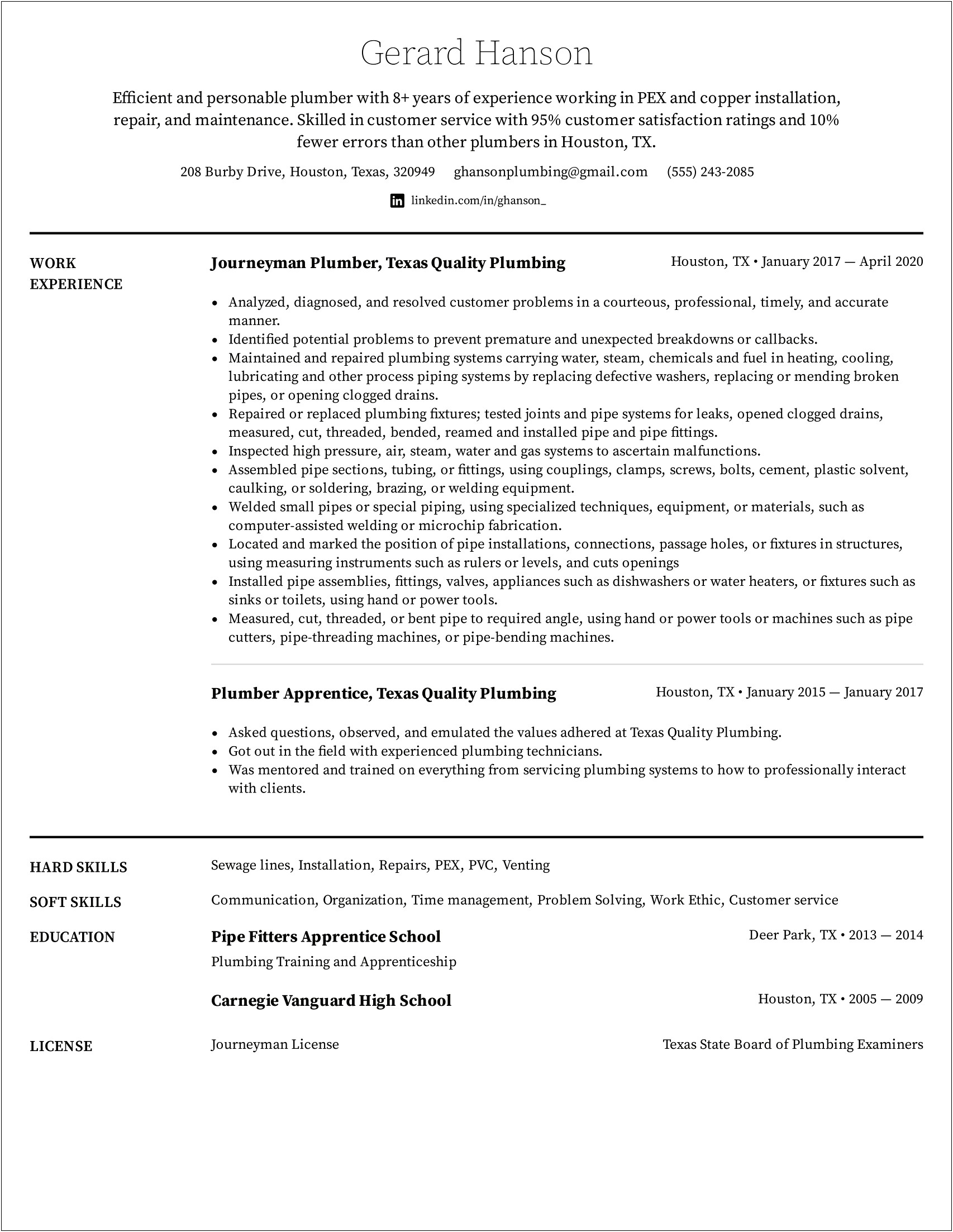 Plumber Helper Job Description Resume