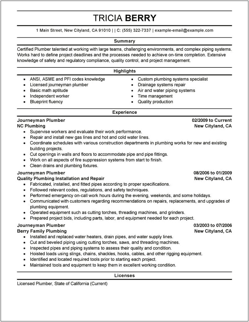 Plumbers Apprentice Job Description For Resume