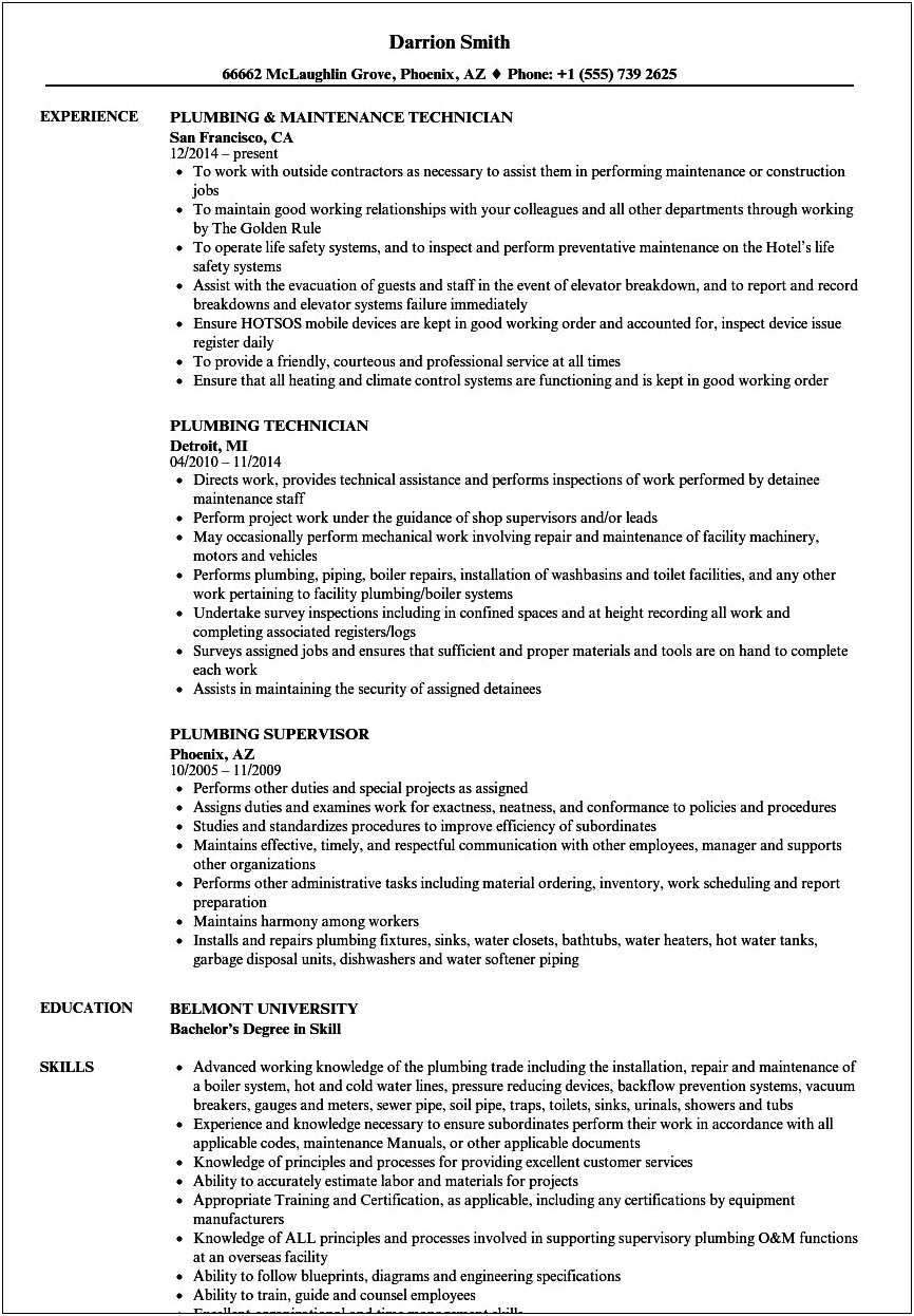 Plumbing Assistant Project Manager Resume