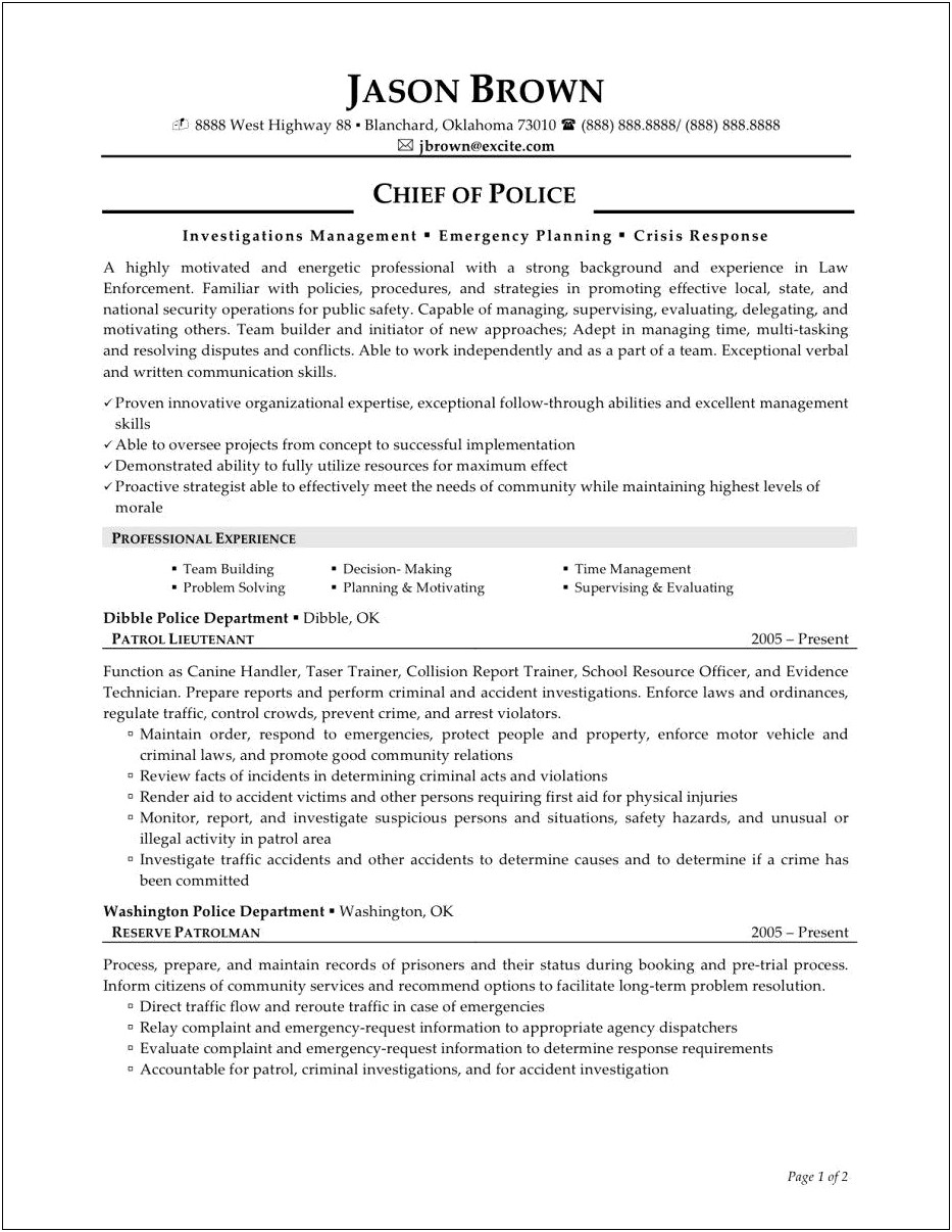Police Chief Resume Objective Examples