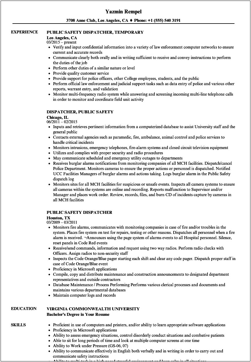 Police Dispatcher Job Description For Resume