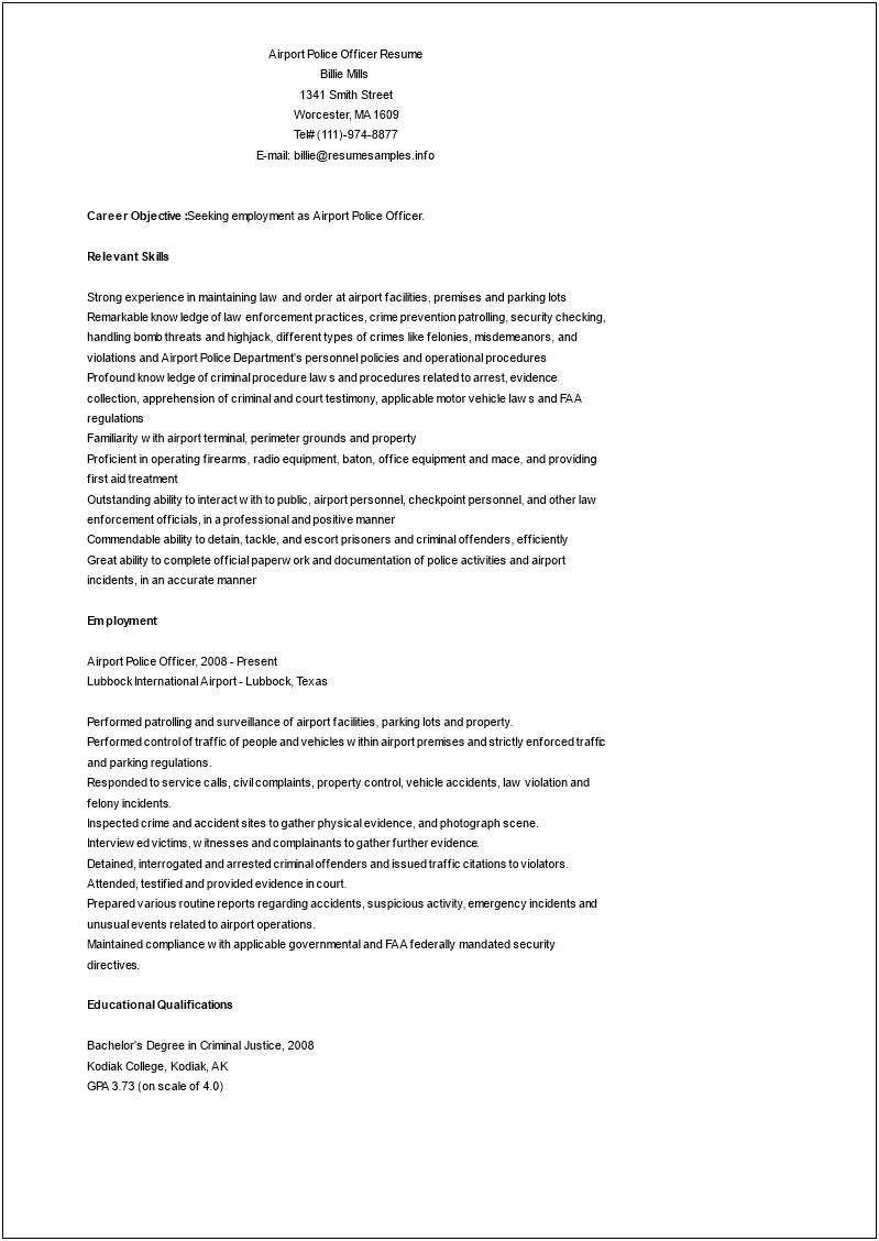Police Officer Objective For Resume