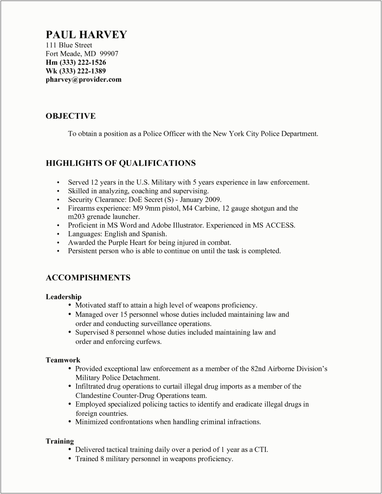 Police Officer Resume No Experience Objective