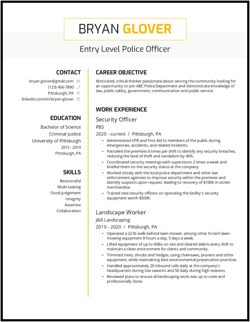 Police Officer Resume Objective Entry Level