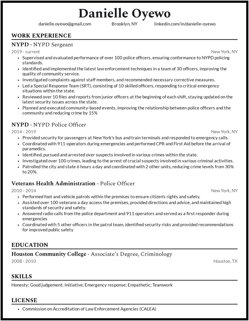 Police Officer Resume Summary For Entry Level