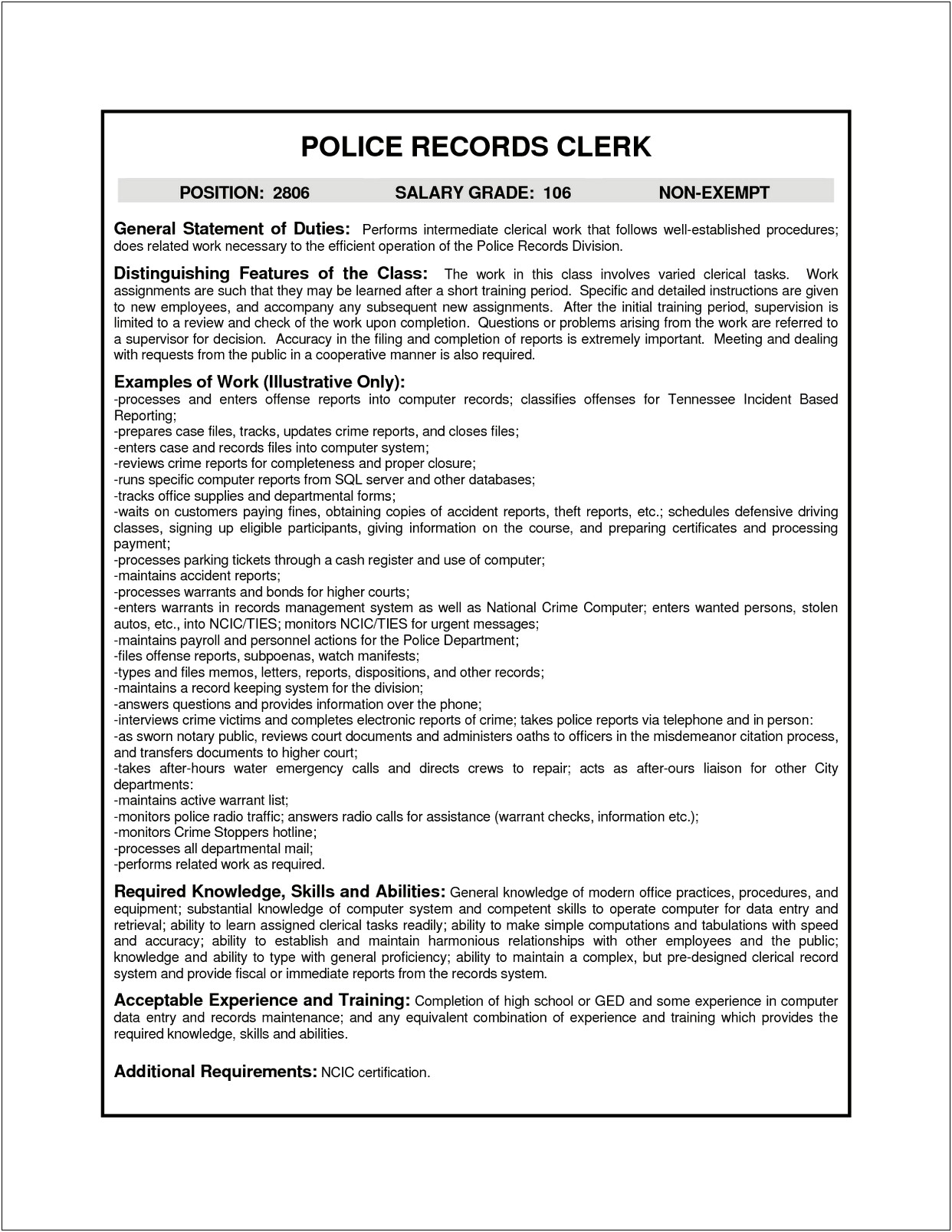 Police Records Clerk Resume Sample