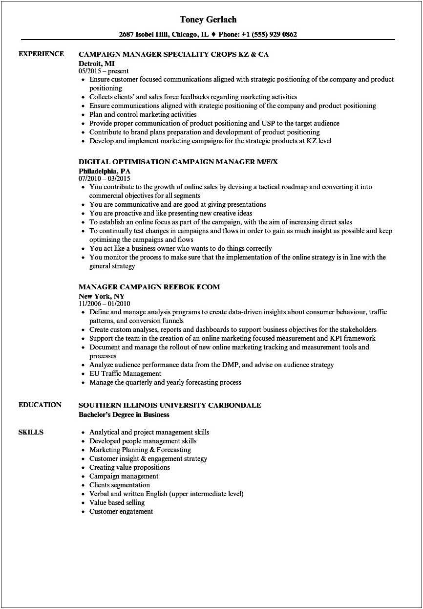 Political Campaign Manager Resume Sample