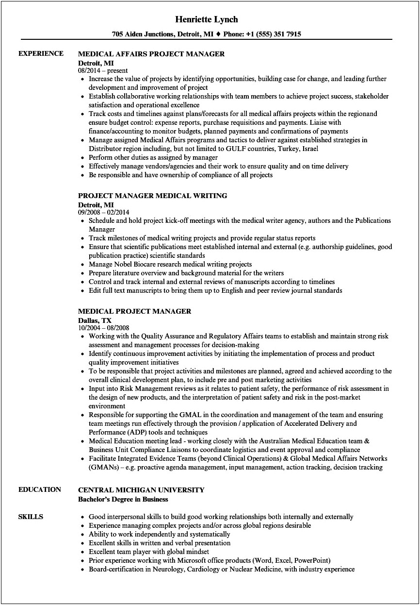 Population Health Project Manager Resume Sample