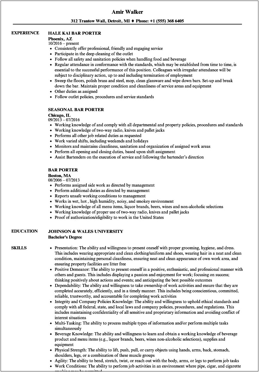 Porter Job Description Resume Sample