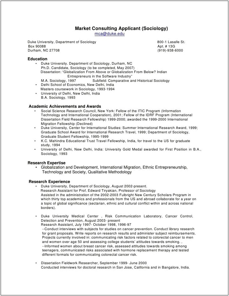 Postdoctoral Fellow Resume Sample For Industry