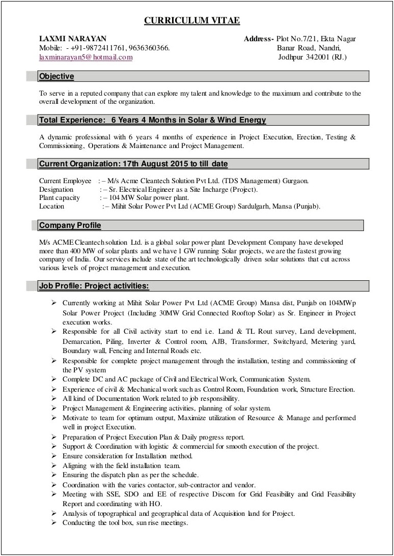 Power Plant Experience Electrical Engineer Resume