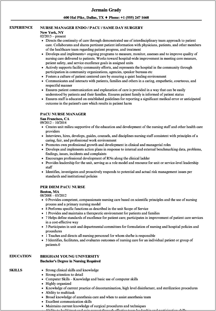 Pre Op Pacu Nurse Job Description For Resume