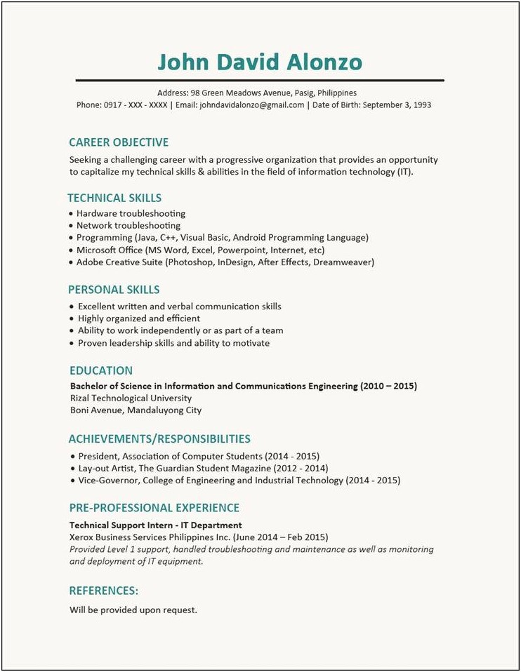 Pre Professional Experience Resume Sample