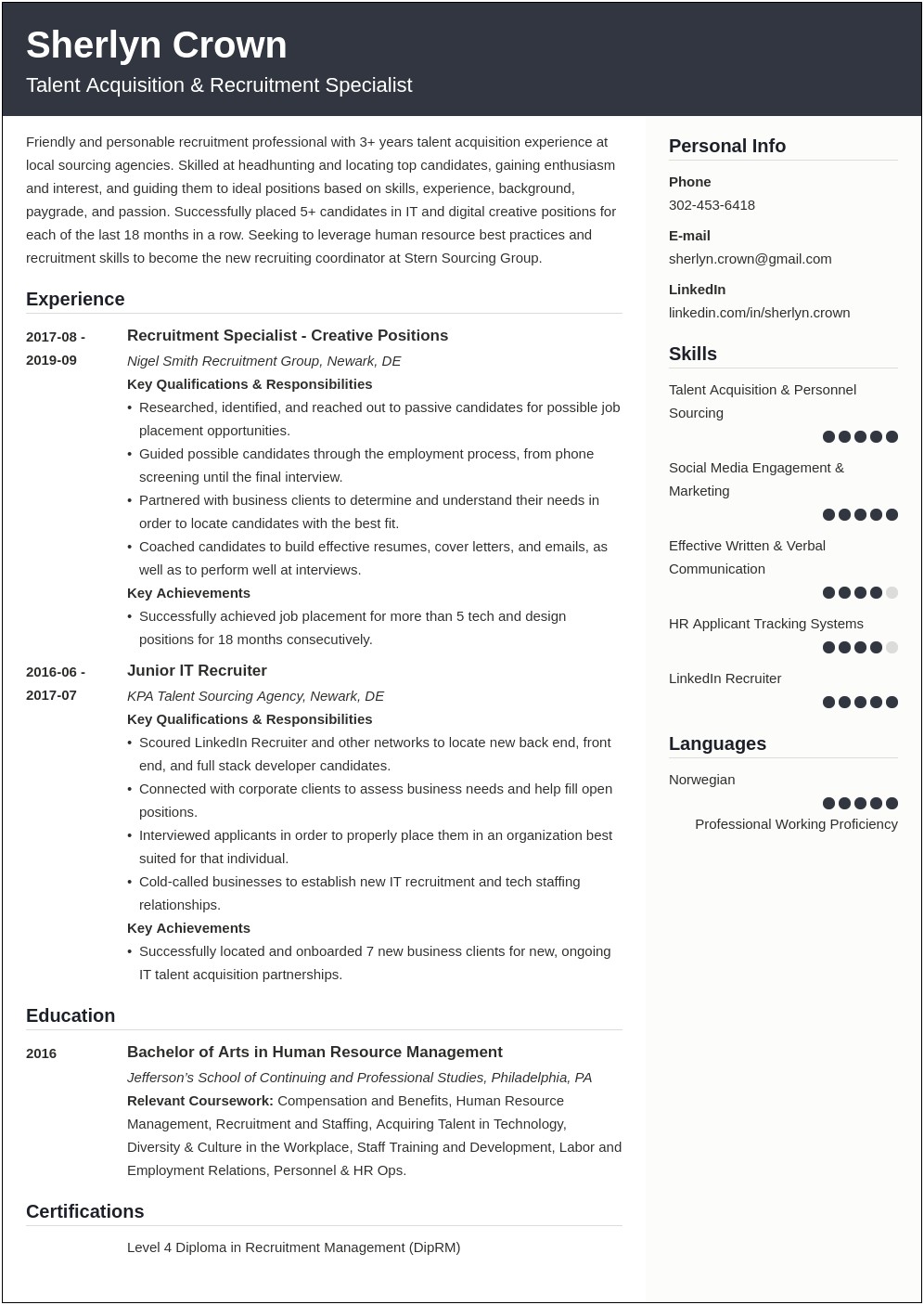 Prefessional Summary For A Recruiter Resume