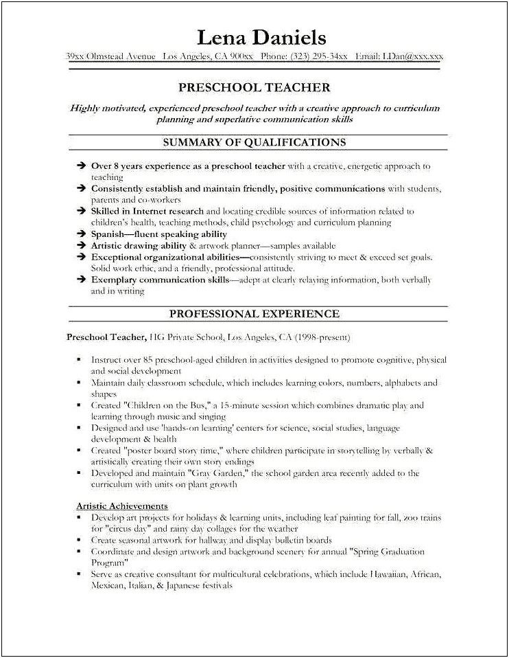 Preschool Assistant Teacher Job Description For Resume