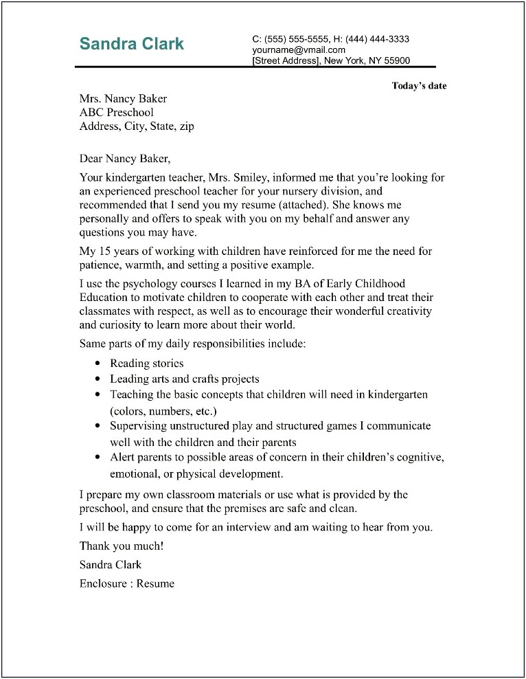 Preschool Teacher Resume Cover Letter Samples