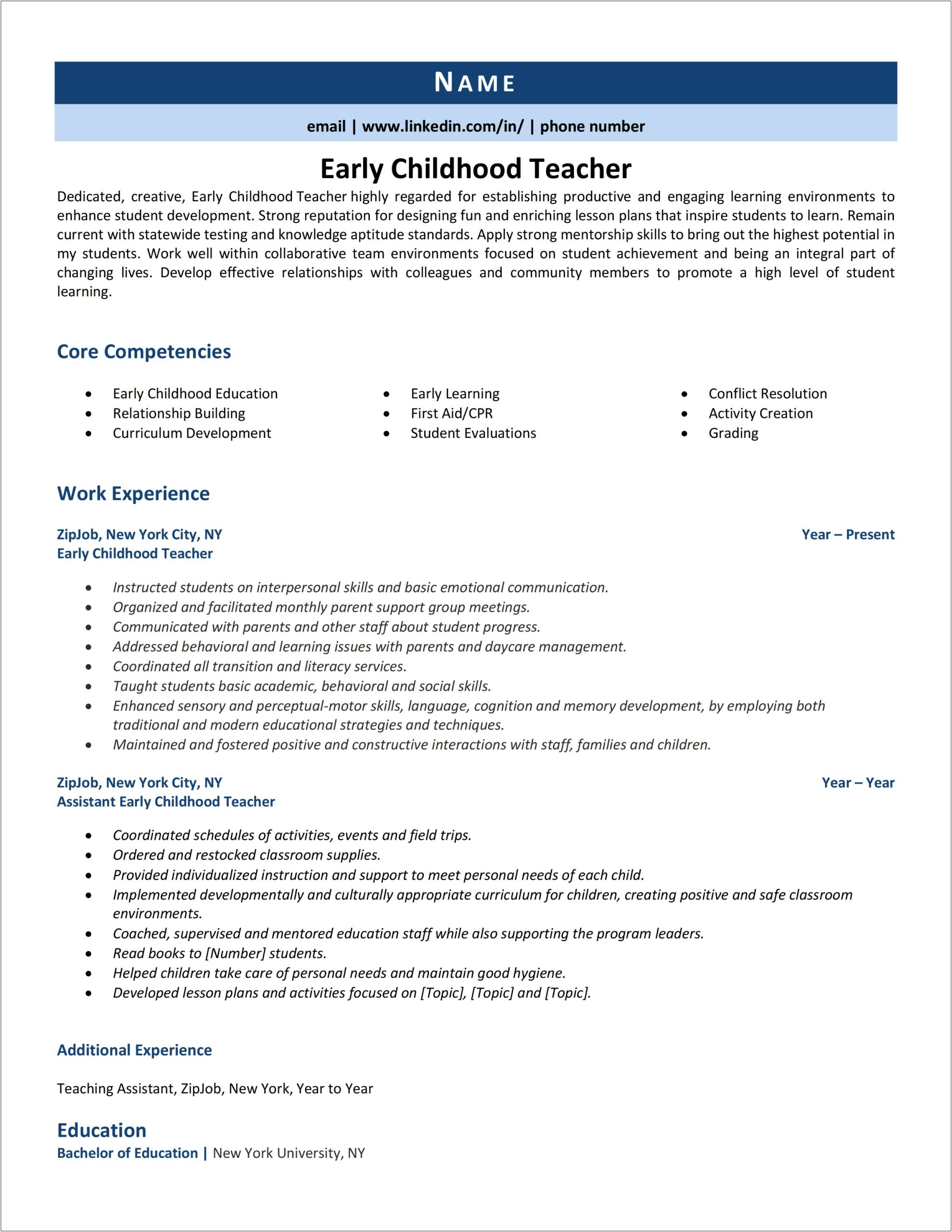 Preschool Teacher Resume Objective Examples