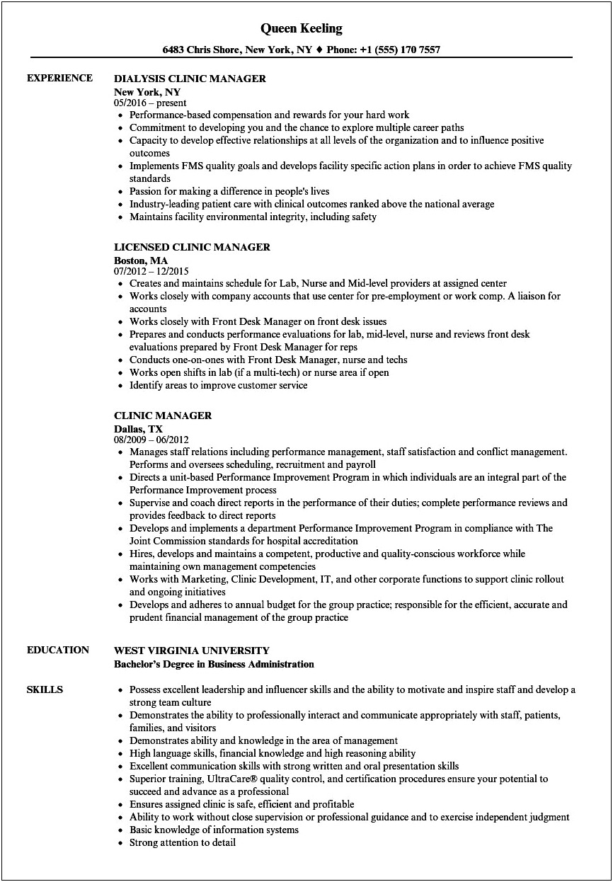 Primary Care Physician Practice Management Resume Example