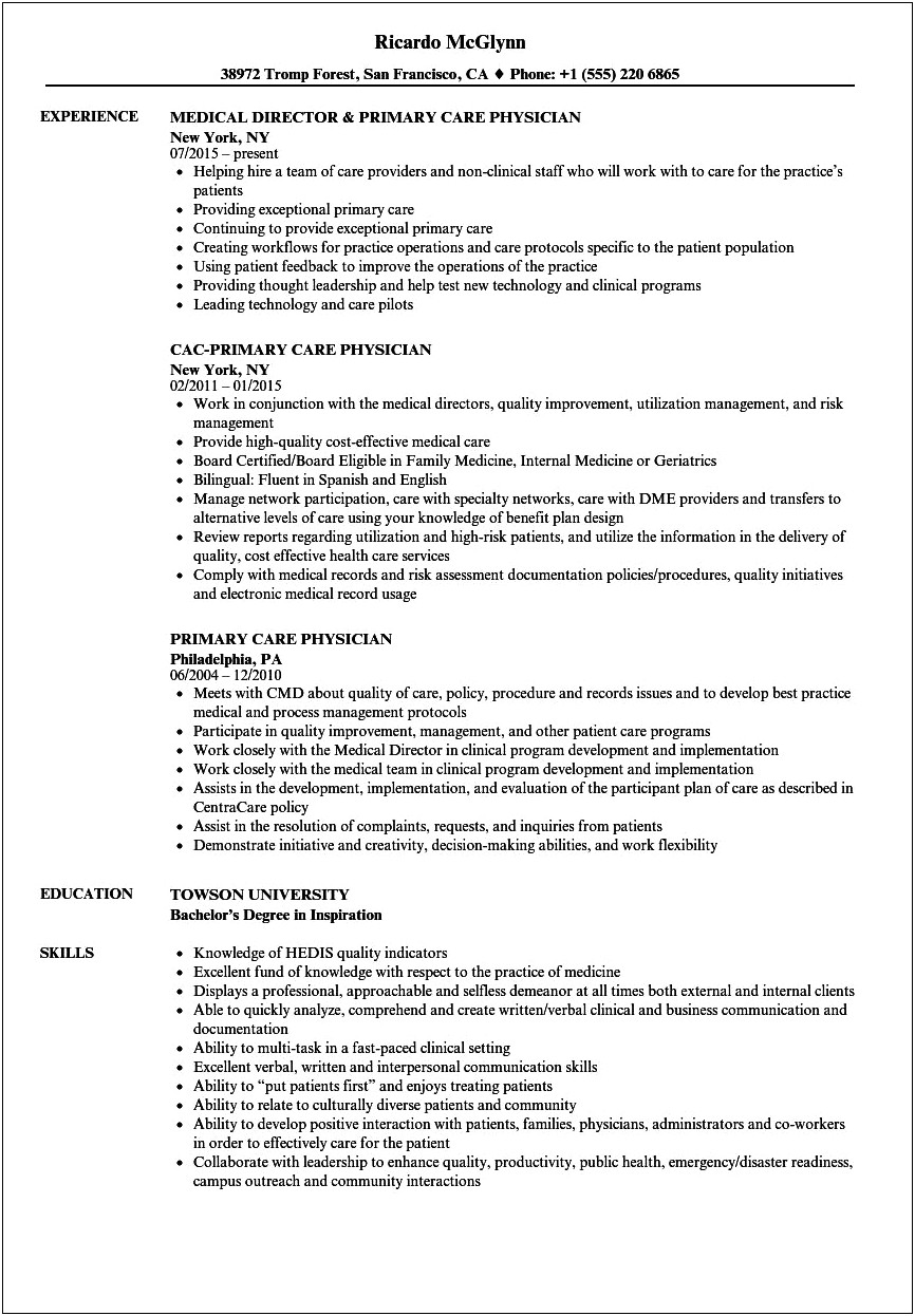 Primary Care Physician Practice Management Top Resume Example