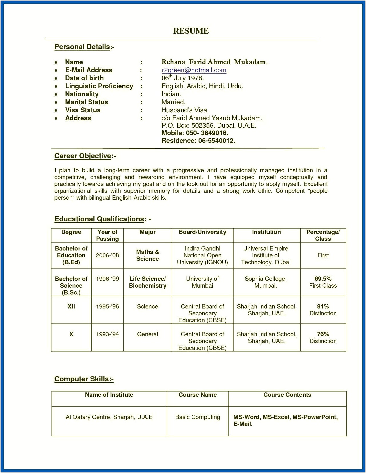 Primary Teacher Resume Format In Word India
