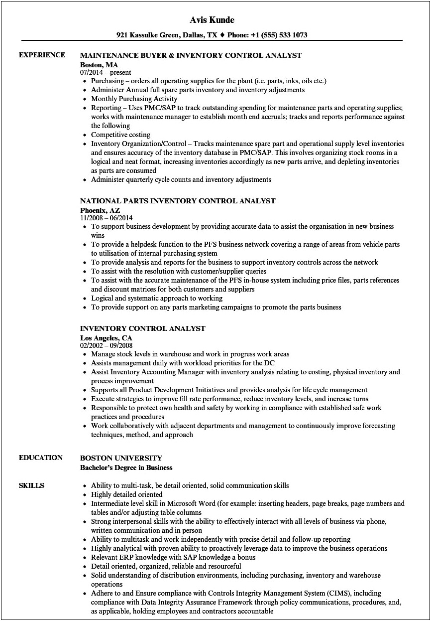 Printable Inventory Control Manager With Math Modleing Resume