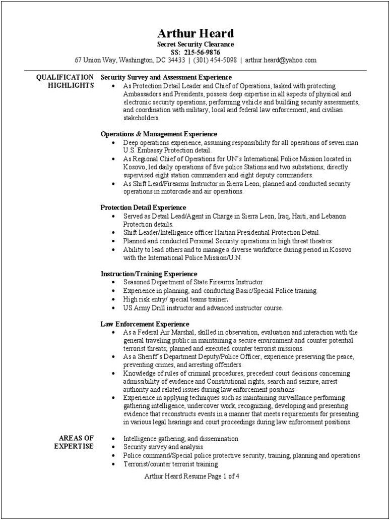 Private Governor Bodyguard Resume Example
