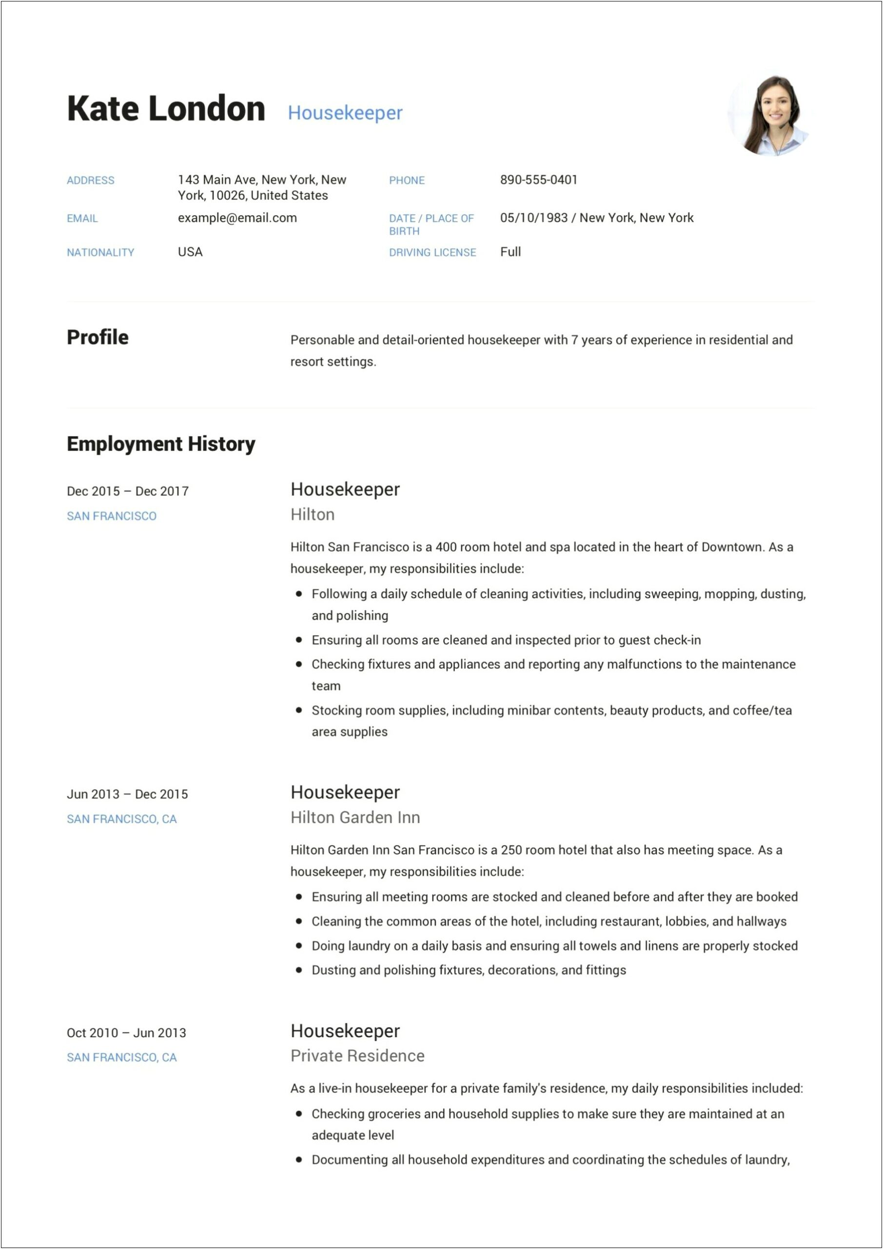 Privite Housekeeping Job Description For Resume